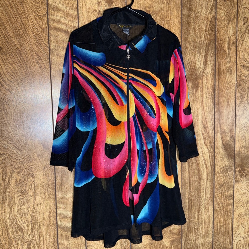 Valentina Black Sheer & Rainbow Sequin Studded Tunic Cover Up Top Beachy Y2K L